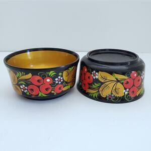 Handcrafted Wood Bowls Painted Floral Artisan Rustic Cabin Farmhouse 4" Set Of 2